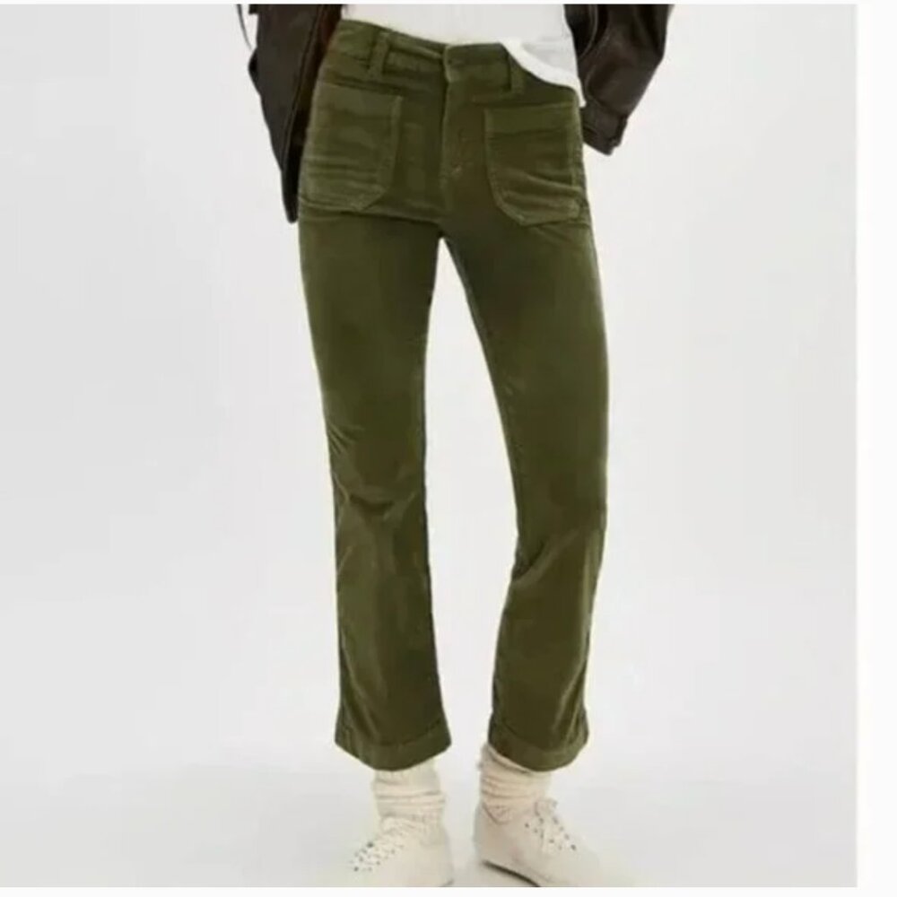 NWOT Free People High Time Velvet Kick Flare Pants Olive Army Green 2